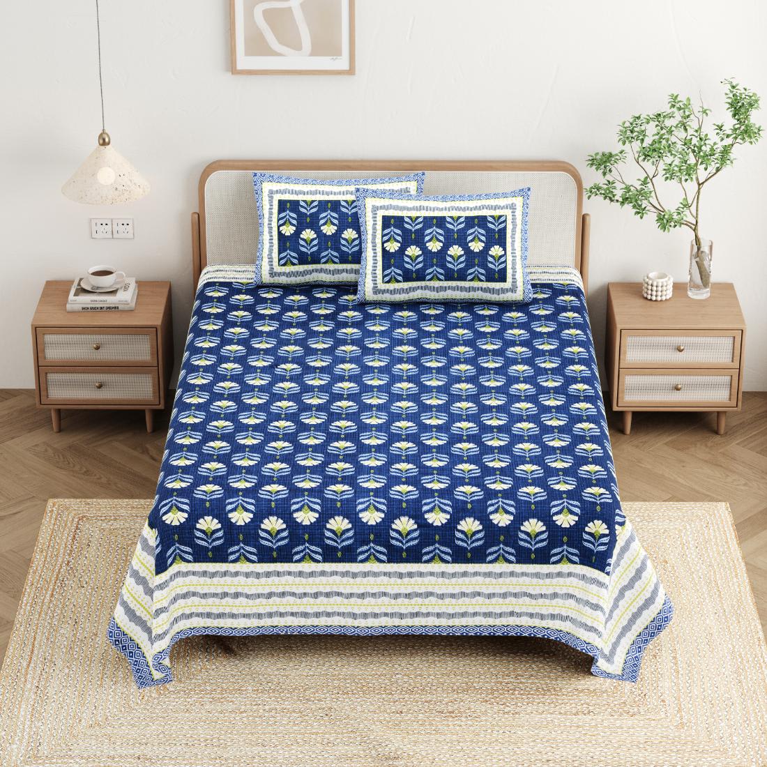 Cotton Jaipuri Diwan Size  Bedsheet With 2 Zipper Pillow Cover (Size 70*100)