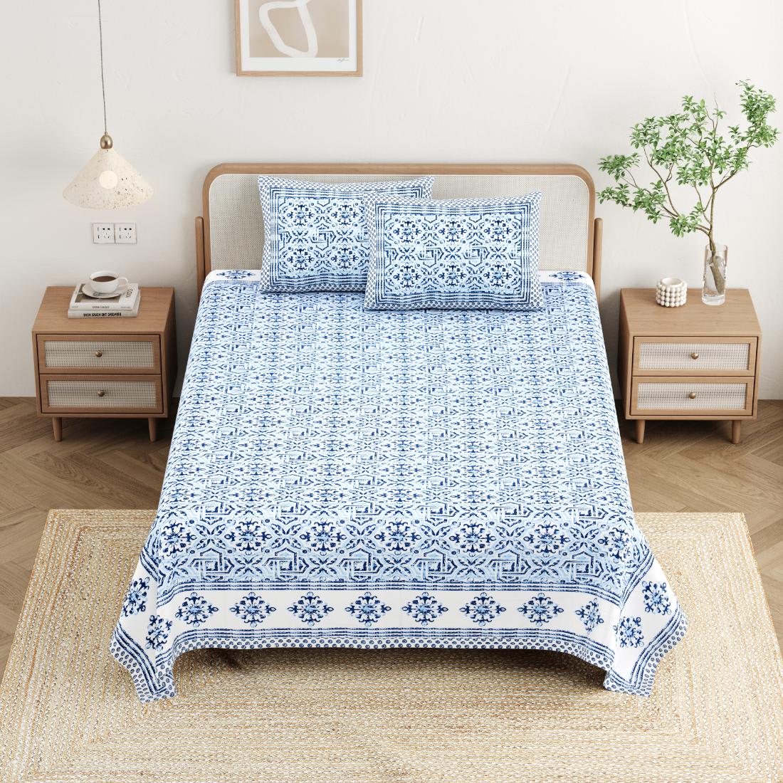 Cotton Jaipuri Diwan Size  Bedsheet With 2 Zipper Pillow Cover (Size 70*100)