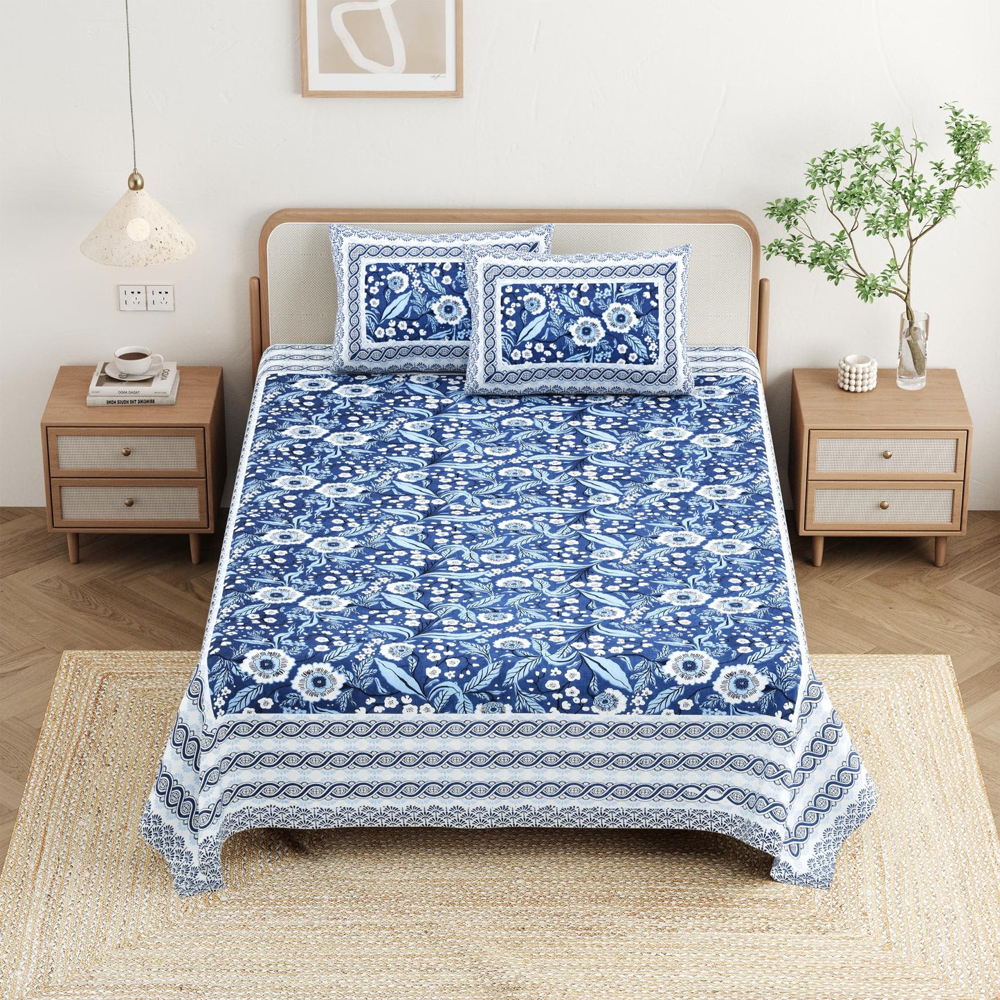 Cotton Jaipuri Diwan Size  Bedsheet With 2 Zipper Pillow Cover (Size 70*100)