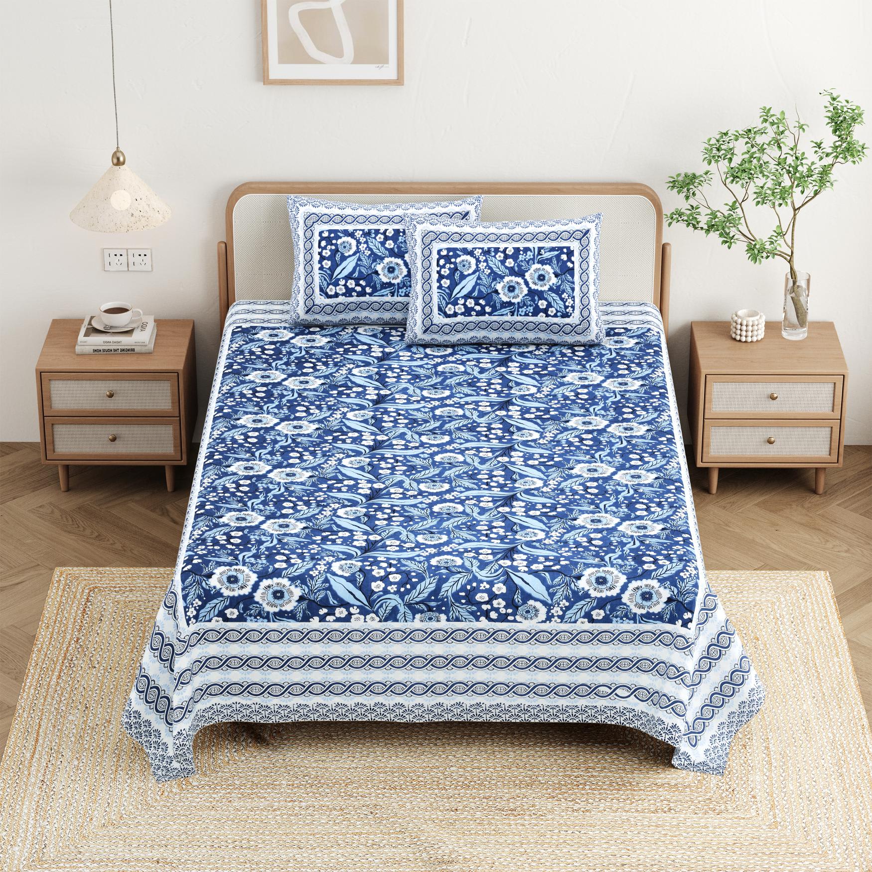 Cotton Jaipuri Diwan Size  Bedsheet With 2 Zipper Pillow Cover (Size 70*100)