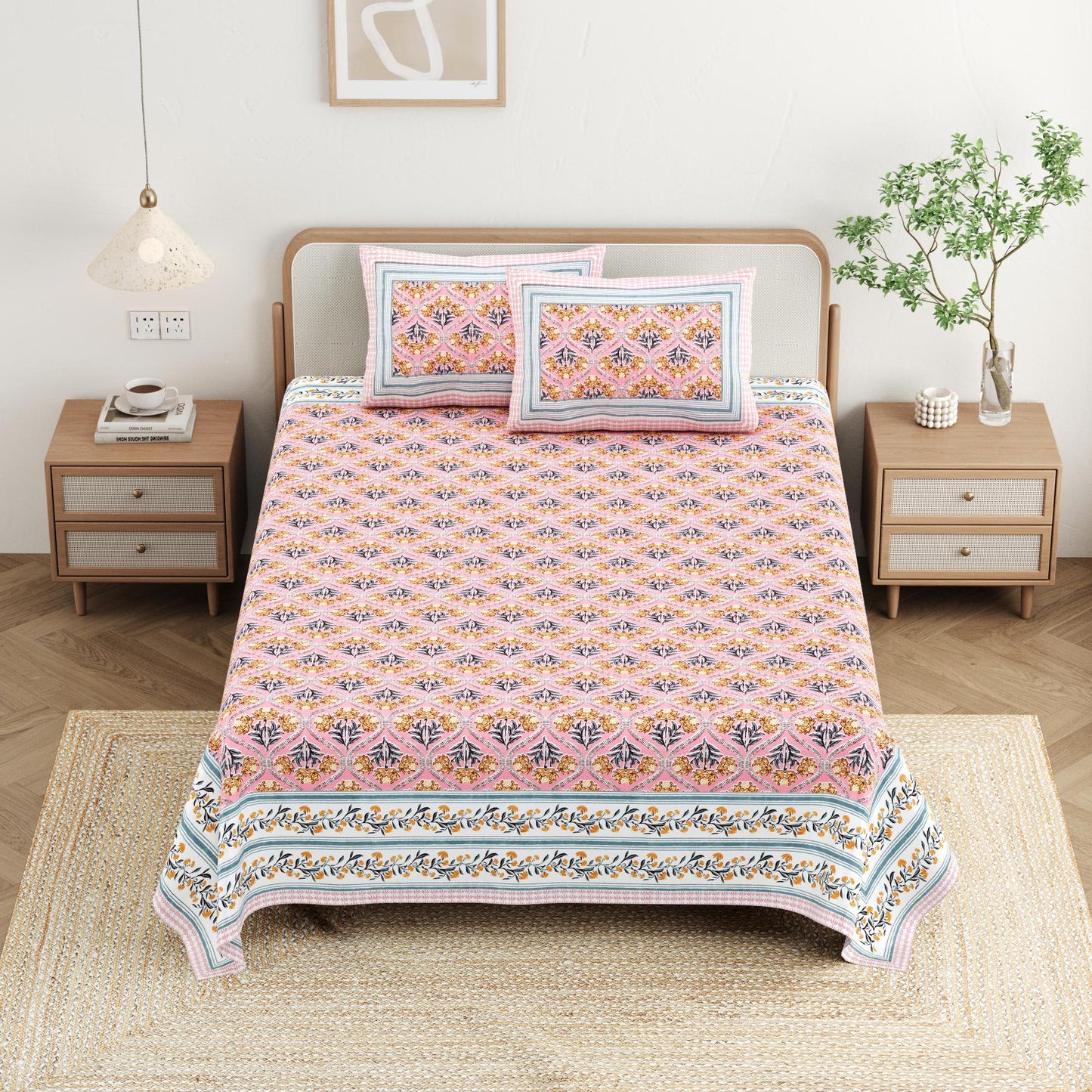 Cotton Jaipuri Diwan Size  Bedsheet With 2 Zipper Pillow Cover (Size 70*100)