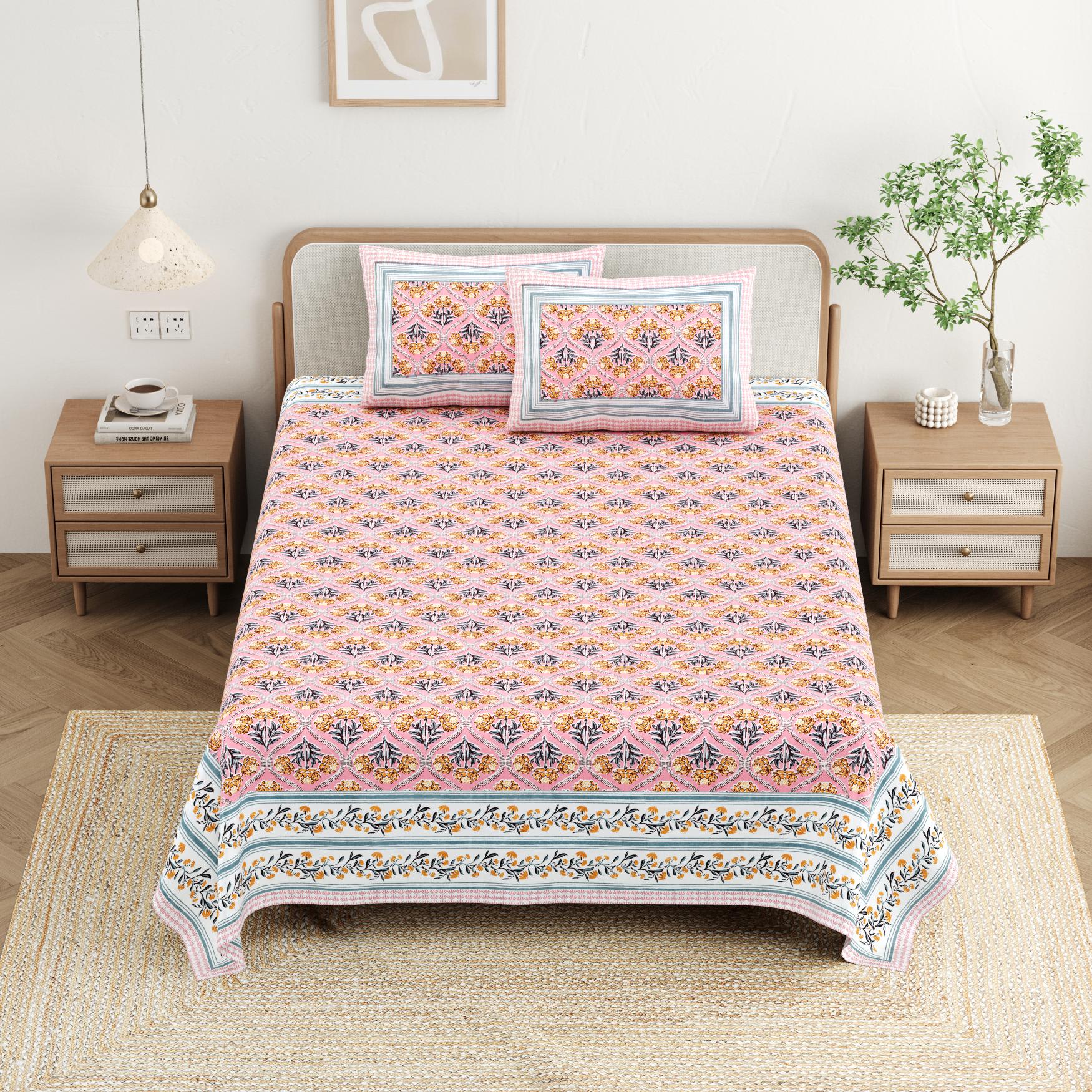 Cotton Jaipuri Diwan Size  Bedsheet With 2 Zipper Pillow Cover (Size 70*100)