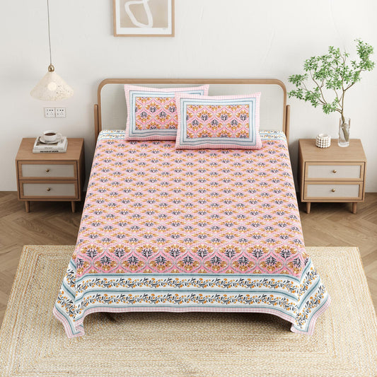 Cotton Jaipuri Diwan Size  Bedsheet With 2 Zipper Pillow Cover (Size 70*100)