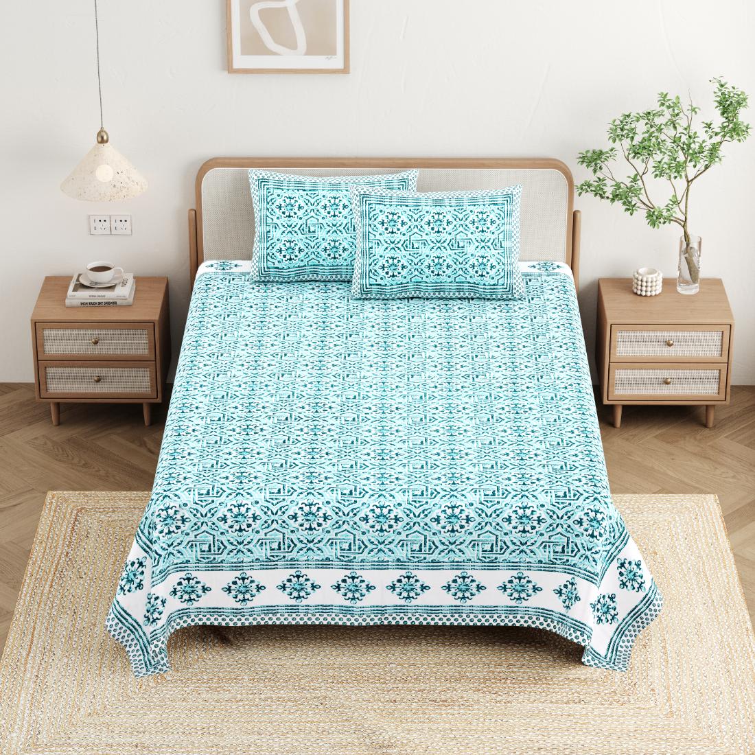 Cotton Jaipuri Diwan Size  Bedsheet With 2 Zipper Pillow Cover (Size 70*100)