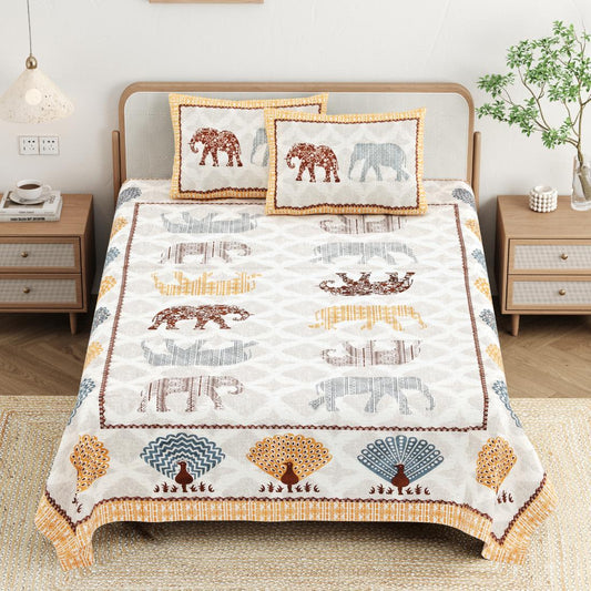Cotton Jaipuri Diwan Size  Bedsheet With 2 Zipper Pillow Cover (Size 70*100)
