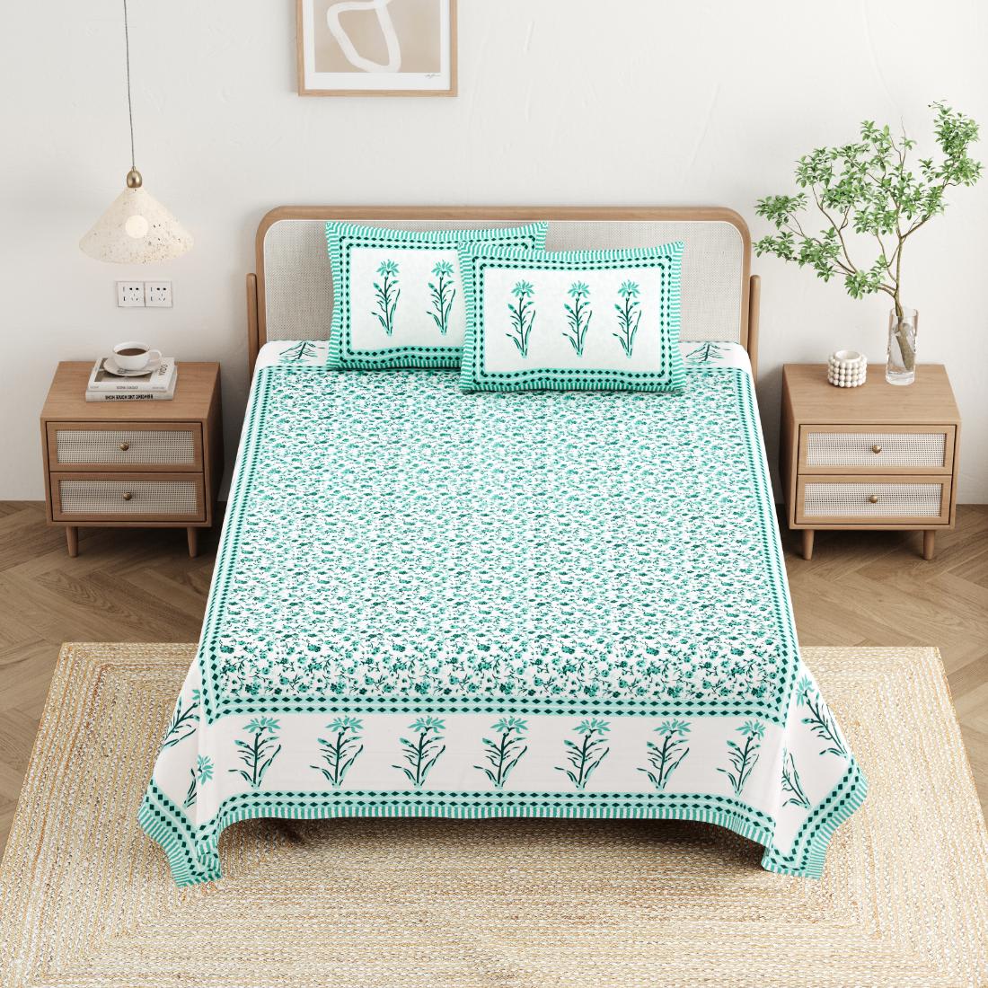 Cotton Jaipuri Diwan Size  Bedsheet With 2 Zipper Pillow Cover (Size 70*100)