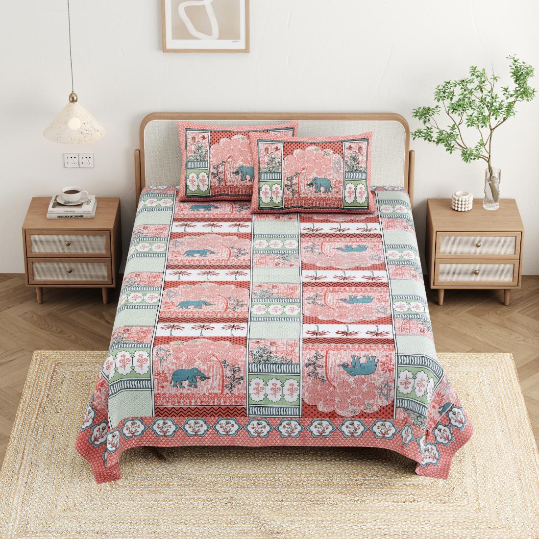 Cotton Jaipuri Diwan Size  Bedsheet With 2 Zipper Pillow Cover (Size 70*100)