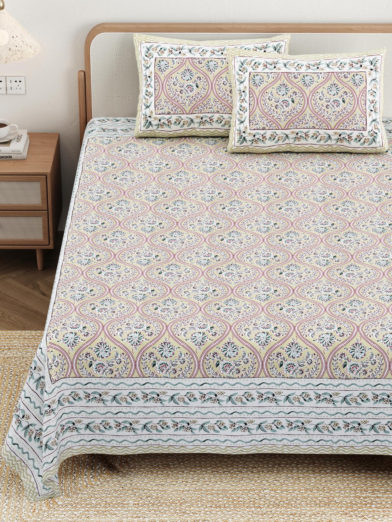 Cotton Jaipuri Diwan Size  Bedsheet With 2 Zipper Pillow Cover (Size 70*100)