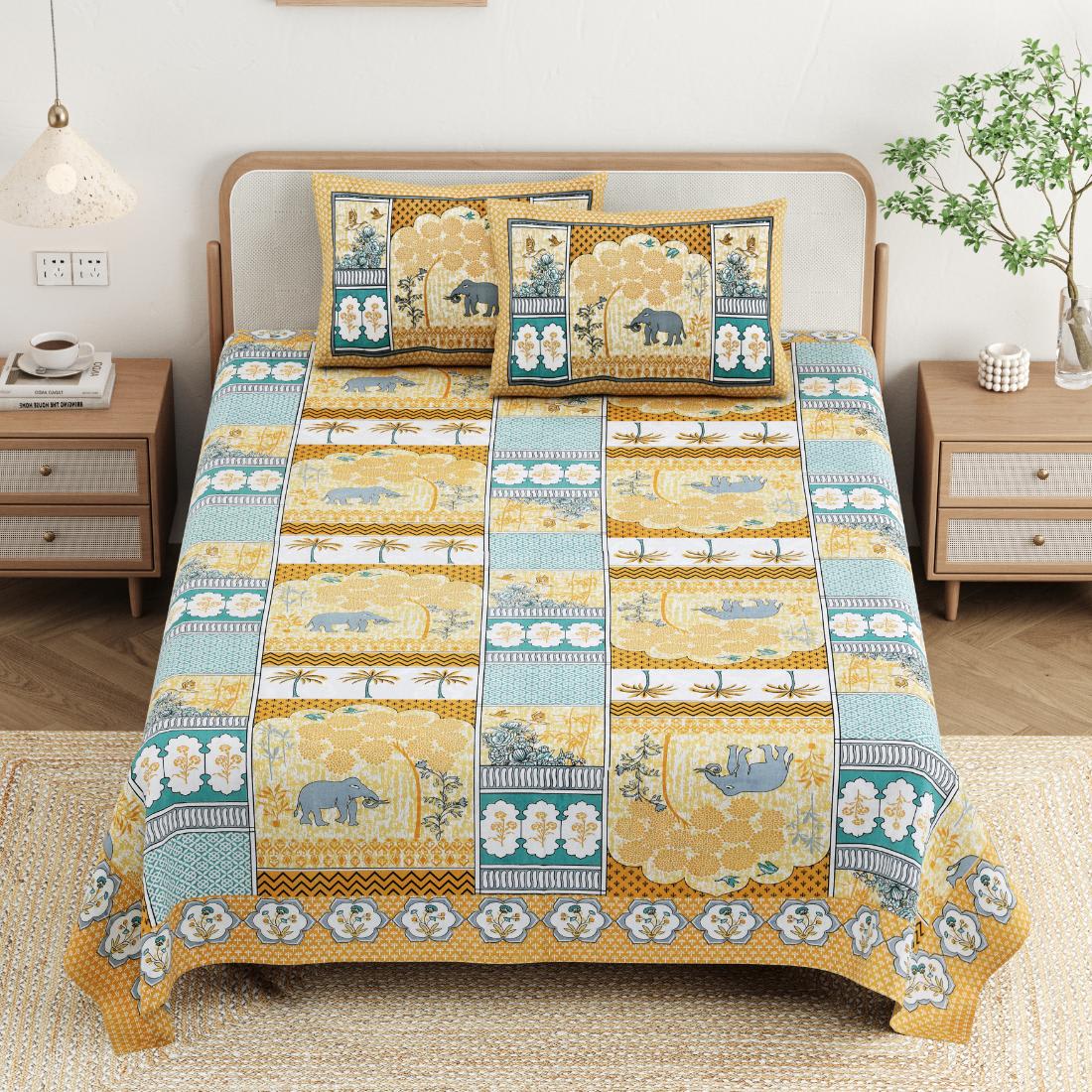 Cotton Jaipuri Diwan Size  Bedsheet With 2 Zipper Pillow Cover (Size 70*100)