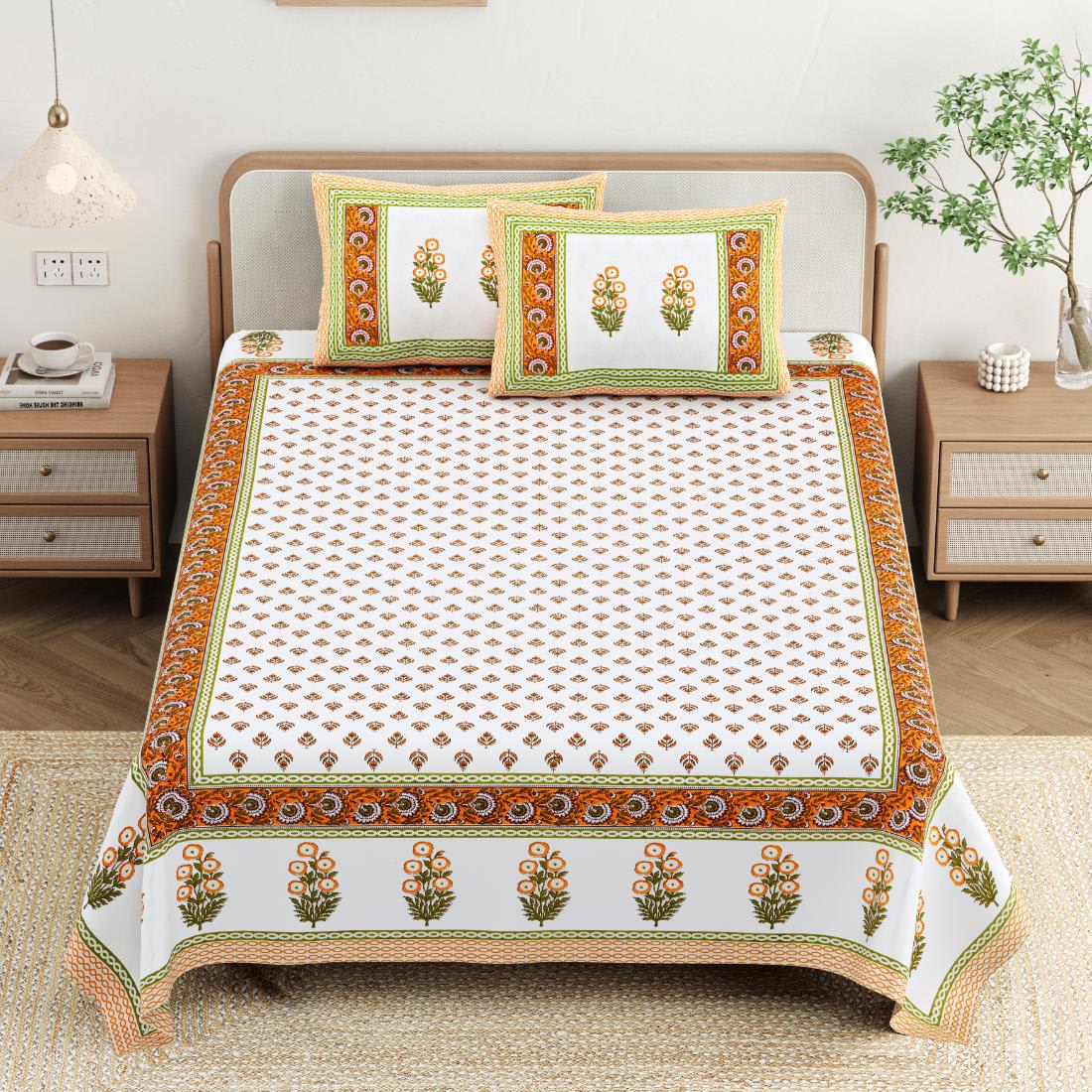 Cotton Jaipuri Diwan Size  Bedsheet With 2 Zipper Pillow Cover (Size 70*100)