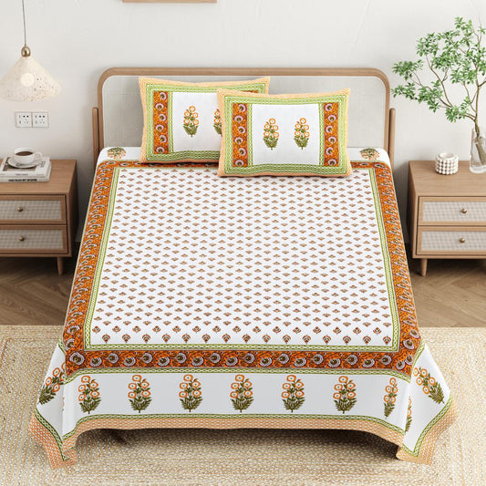 Cotton Jaipuri Diwan Size  Bedsheet With 2 Zipper Pillow Cover (Size 70*100)