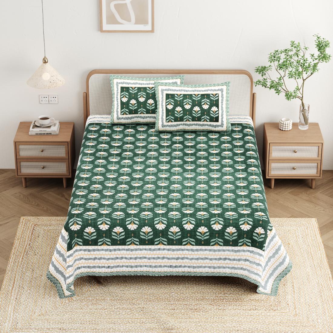 Cotton Jaipuri Diwan Size  Bedsheet With 2 Zipper Pillow Cover (Size 70*100)