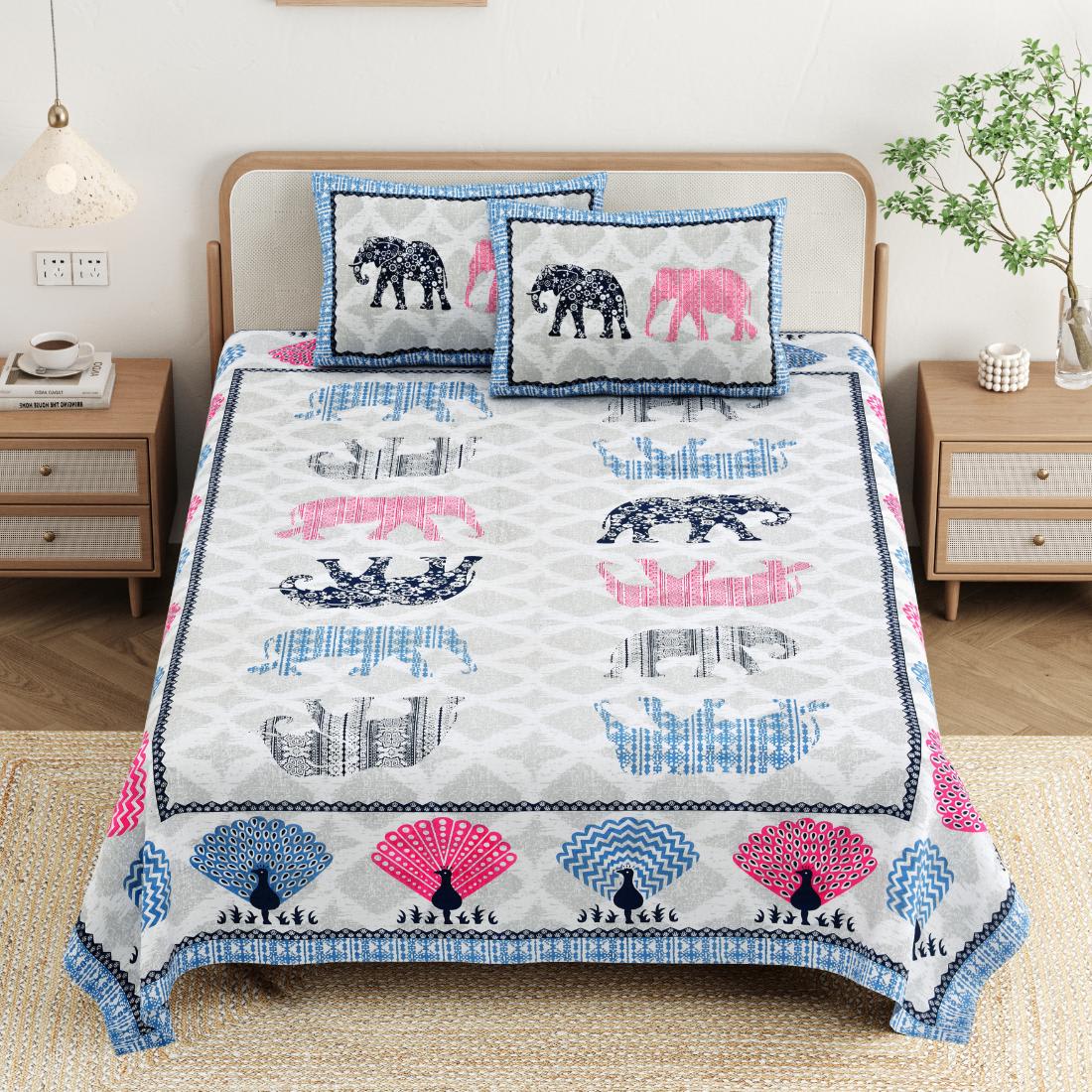 Cotton Jaipuri Diwan Size  Bedsheet With 2 Zipper Pillow Cover (Size 70*100)