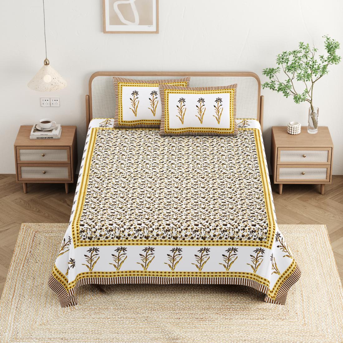 Cotton Jaipuri Diwan Size  Bedsheet With 2 Zipper Pillow Cover (Size 70*100)
