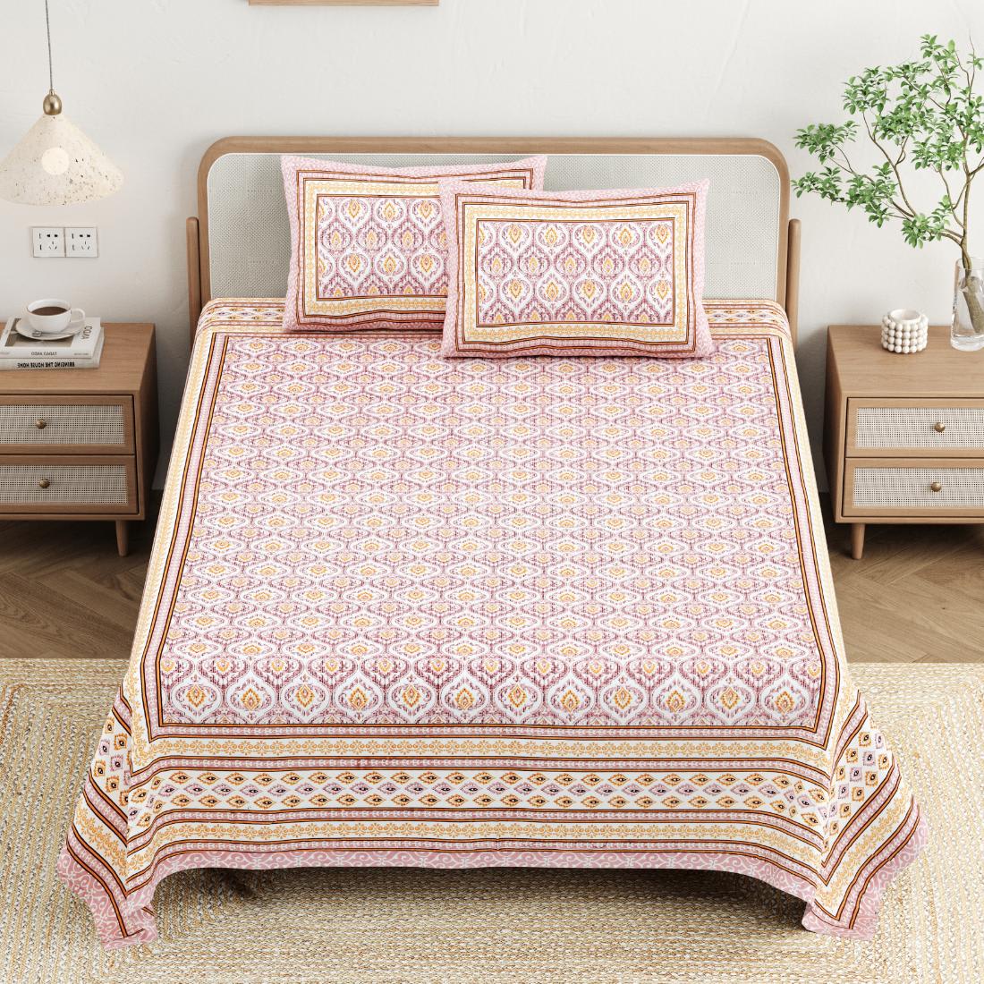 Cotton Jaipuri Diwan Size  Bedsheet With 2 Zipper Pillow Cover (Size 70*100)
