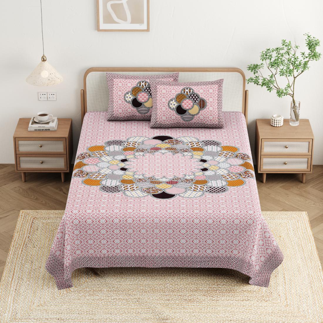 Cotton Jaipuri Diwan Size  Bedsheet With 2 Zipper Pillow Cover (Size 70*100)