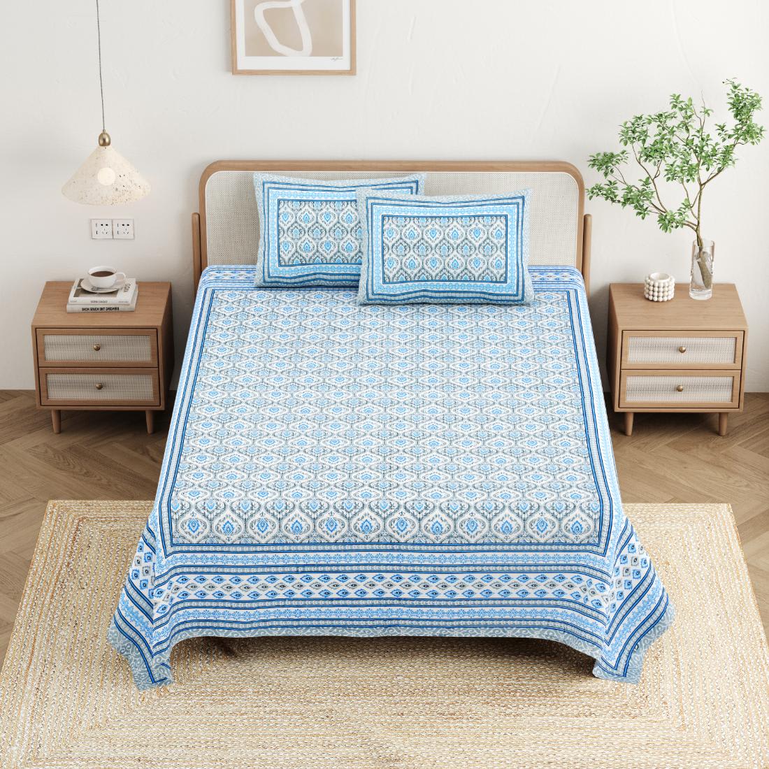 Cotton Jaipuri Diwan Size  Bedsheet With 2 Zipper Pillow Cover (Size 70*100)