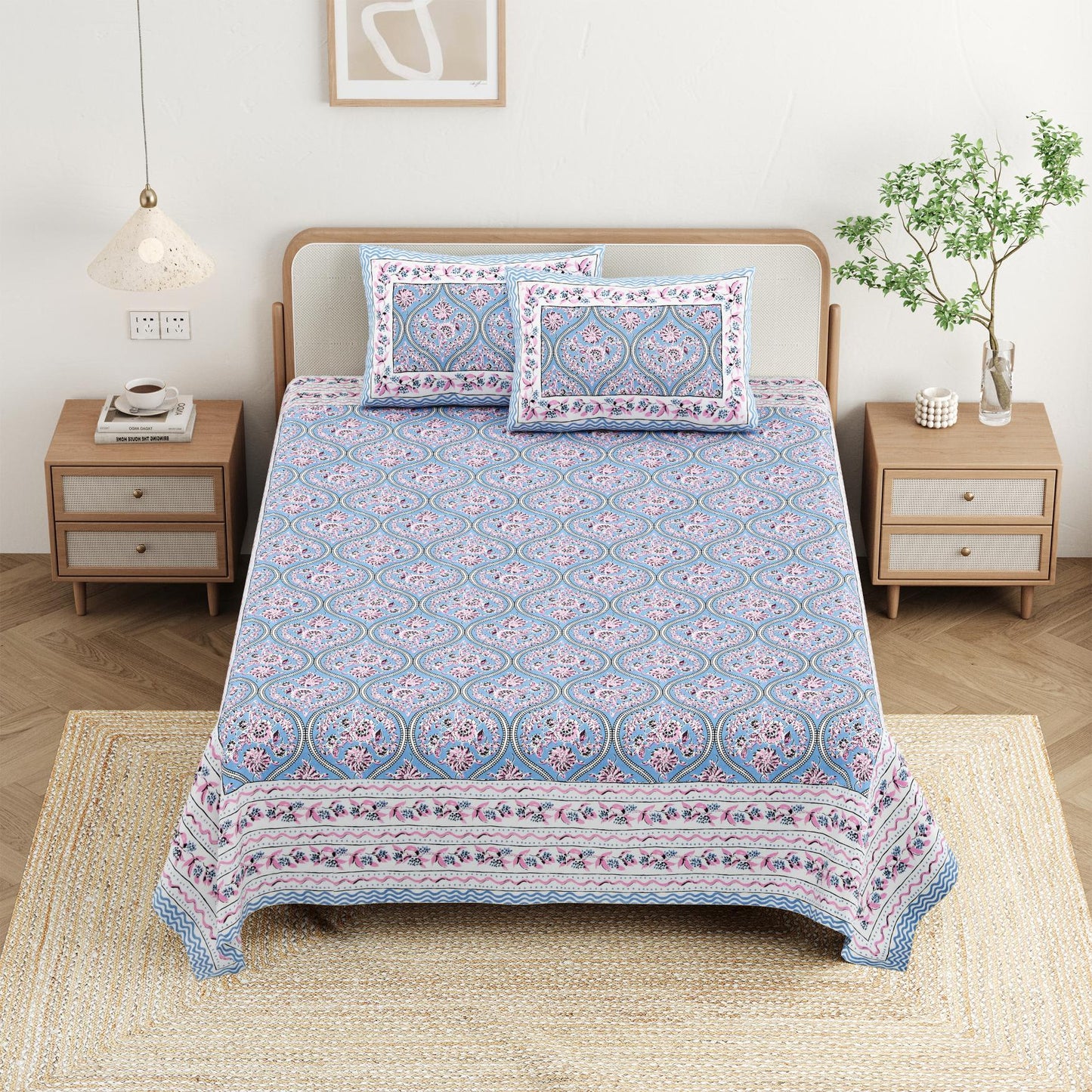 Cotton Jaipuri Diwan Size  Bedsheet With 2 Zipper Pillow Cover (Size 70*100)