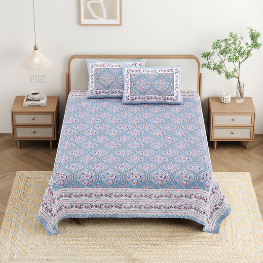Cotton Jaipuri Diwan Size  Bedsheet With 2 Zipper Pillow Cover (Size 70*100)