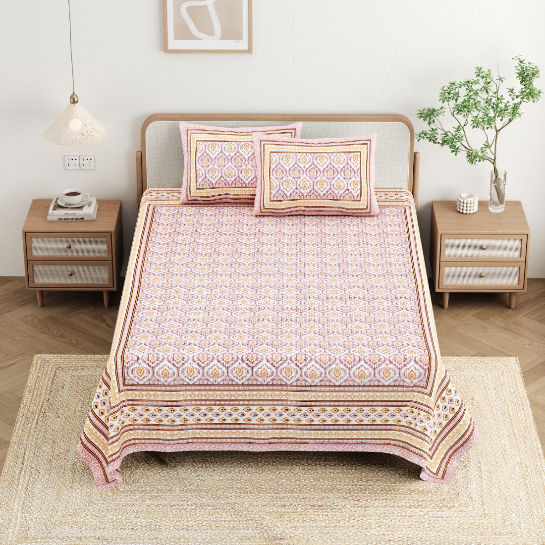 Cotton Jaipuri Diwan Size  Bedsheet With 2 Zipper Pillow Cover (Size 70*100)