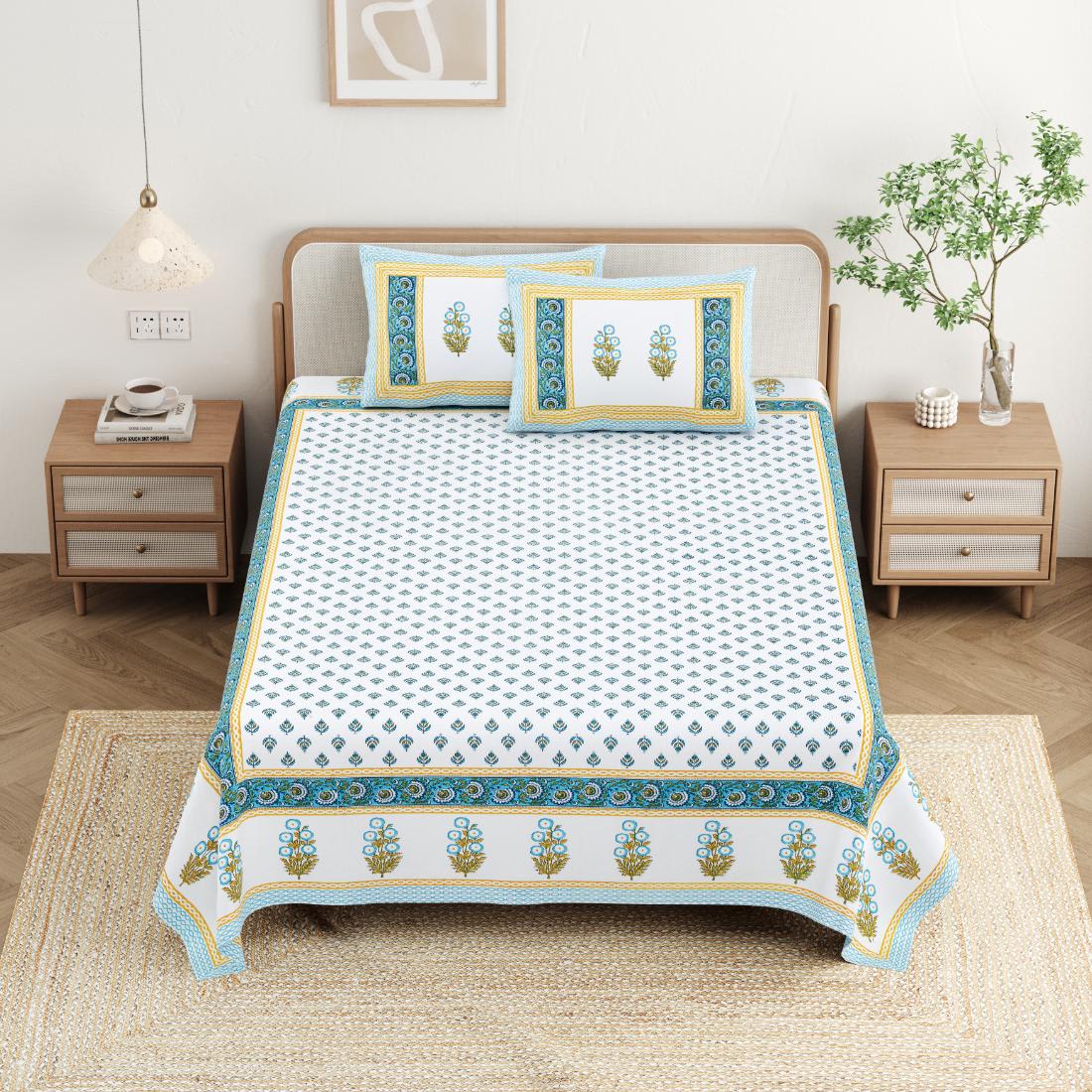 Cotton Jaipuri Diwan Size  Bedsheet With 2 Zipper Pillow Cover (Size 70*100)