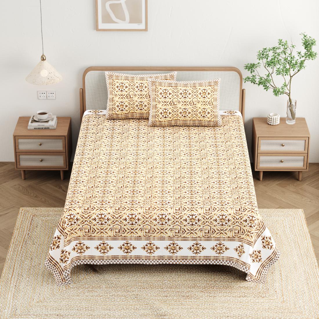 Cotton Jaipuri Diwan Size  Bedsheet With 2 Zipper Pillow Cover (Size 70*100)