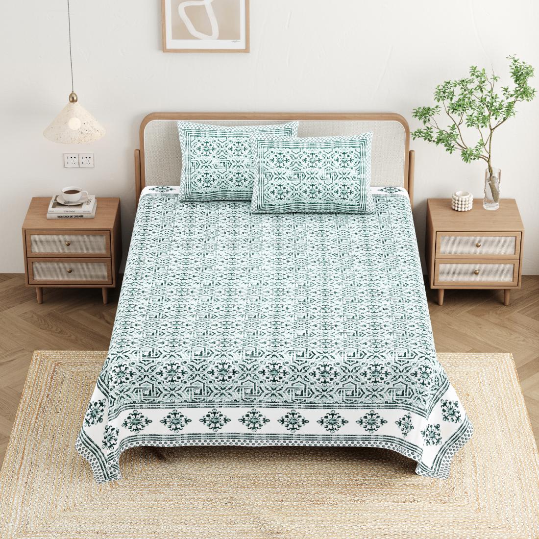 Cotton Jaipuri Diwan Size  Bedsheet With 2 Zipper Pillow Cover (Size 70*100)