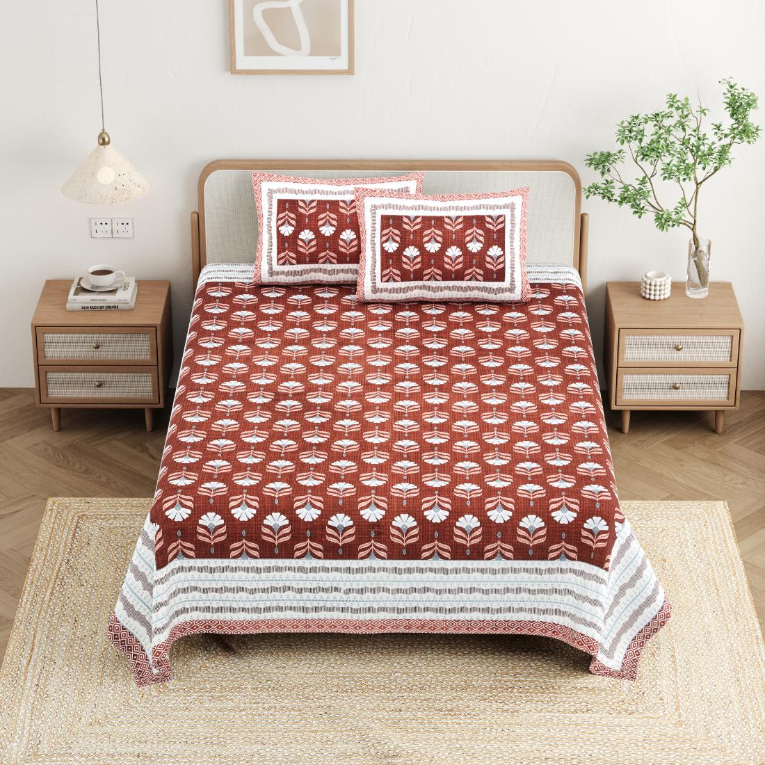 Cotton Jaipuri Diwan Size  Bedsheet With 2 Zipper Pillow Cover (Size 70*100)