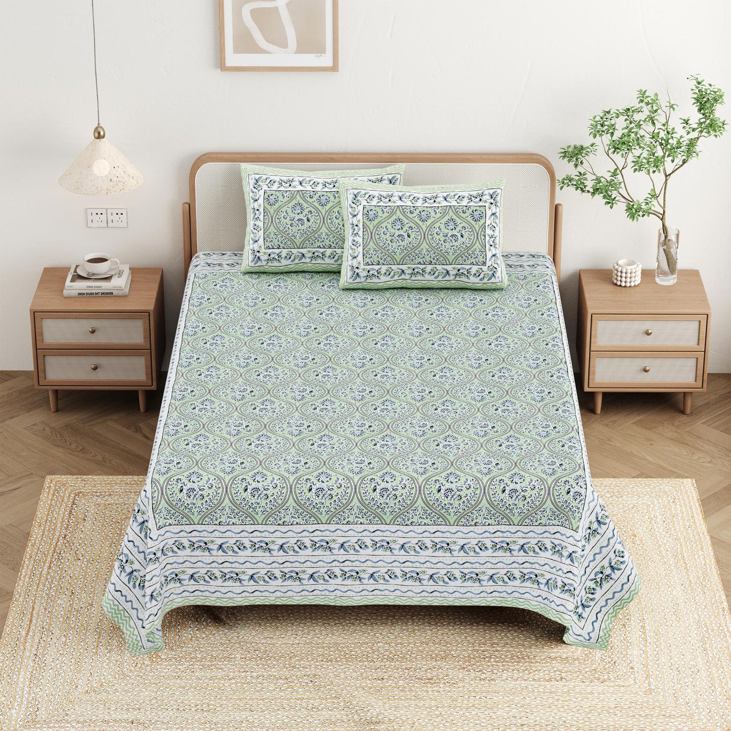 Cotton Jaipuri Diwan Size  Bedsheet With 2 Zipper Pillow Cover (Size 70*100)