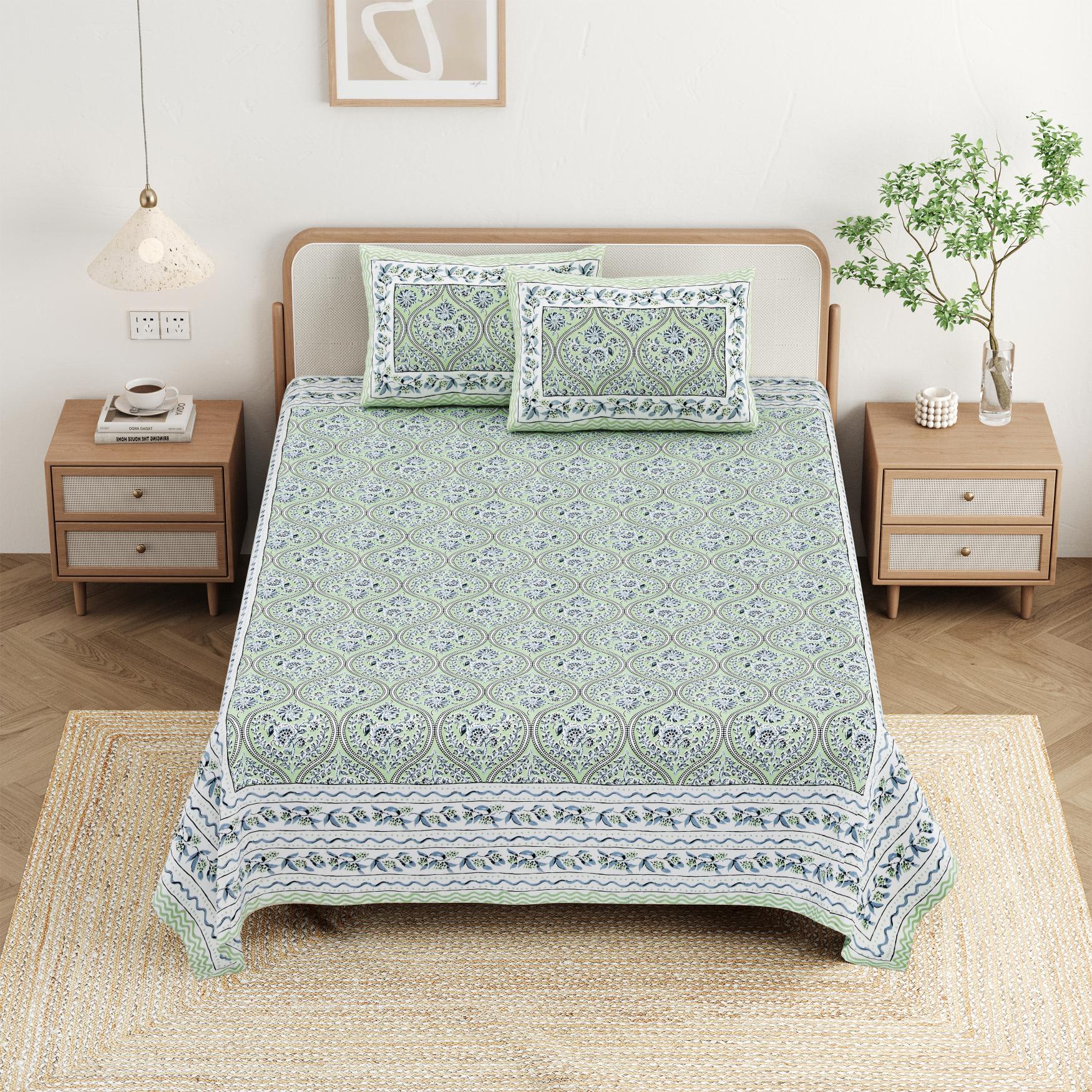 Cotton Jaipuri Diwan Size  Bedsheet With 2 Zipper Pillow Cover (Size 70*100)