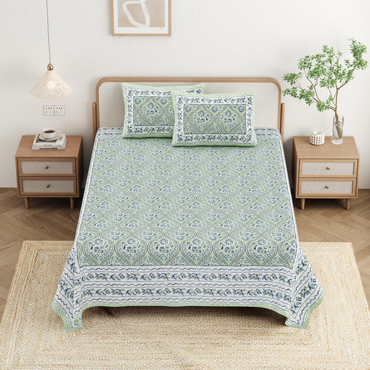 Cotton Jaipuri Diwan Size  Bedsheet With 2 Zipper Pillow Cover (Size 70*100)