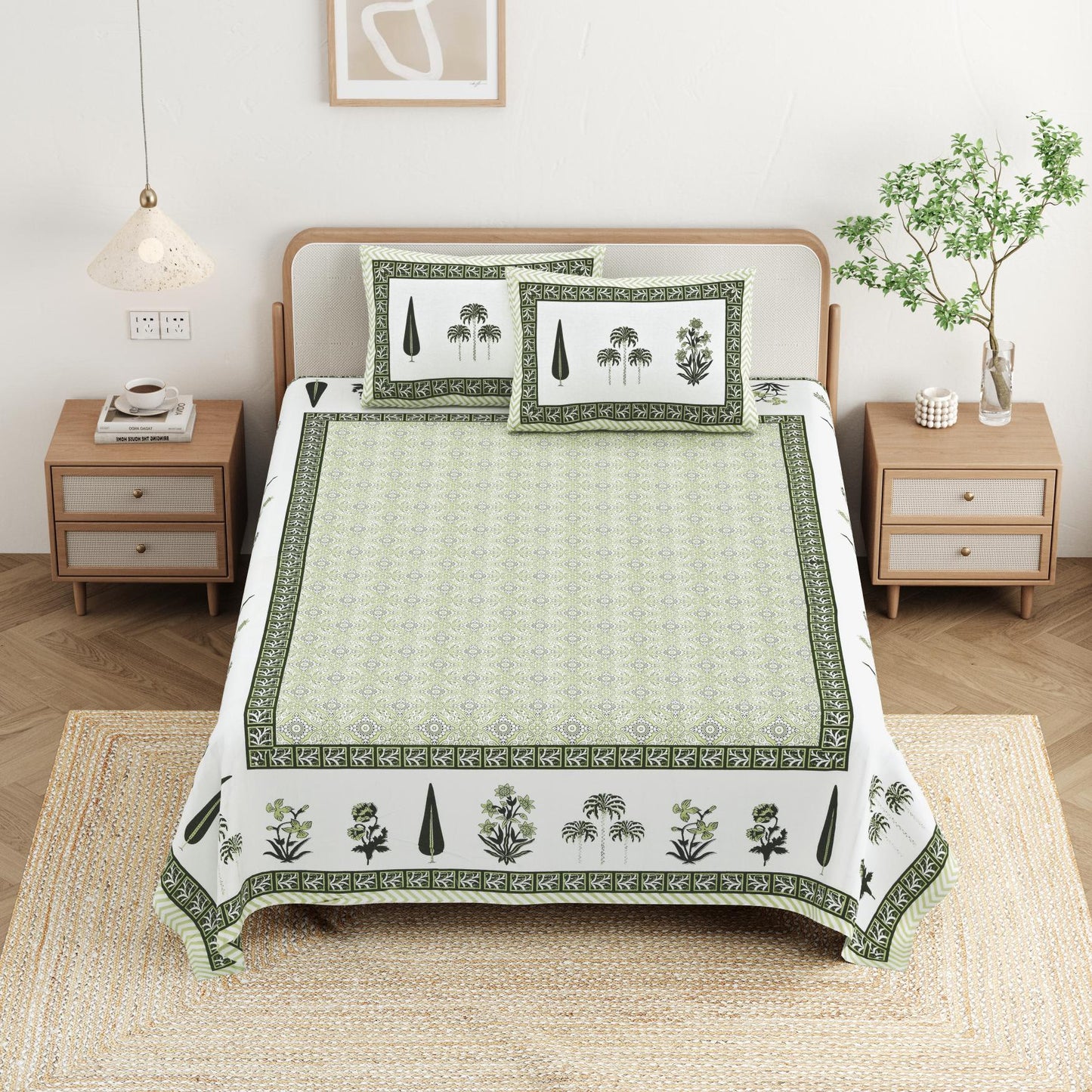 Cotton Jaipuri Diwan Size  Bedsheet With 2 Zipper Pillow Cover (Size 70*100)