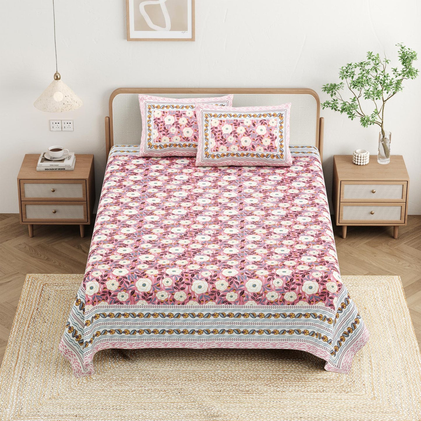 Cotton Jaipuri Diwan Size  Bedsheet With 2 Zipper Pillow Cover (Size 70*100)