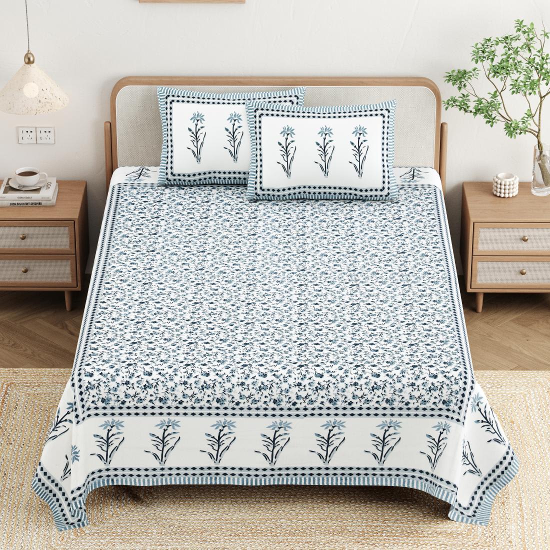 Cotton Jaipuri Diwan Size  Bedsheet With 2 Zipper Pillow Cover (Size 70*100)