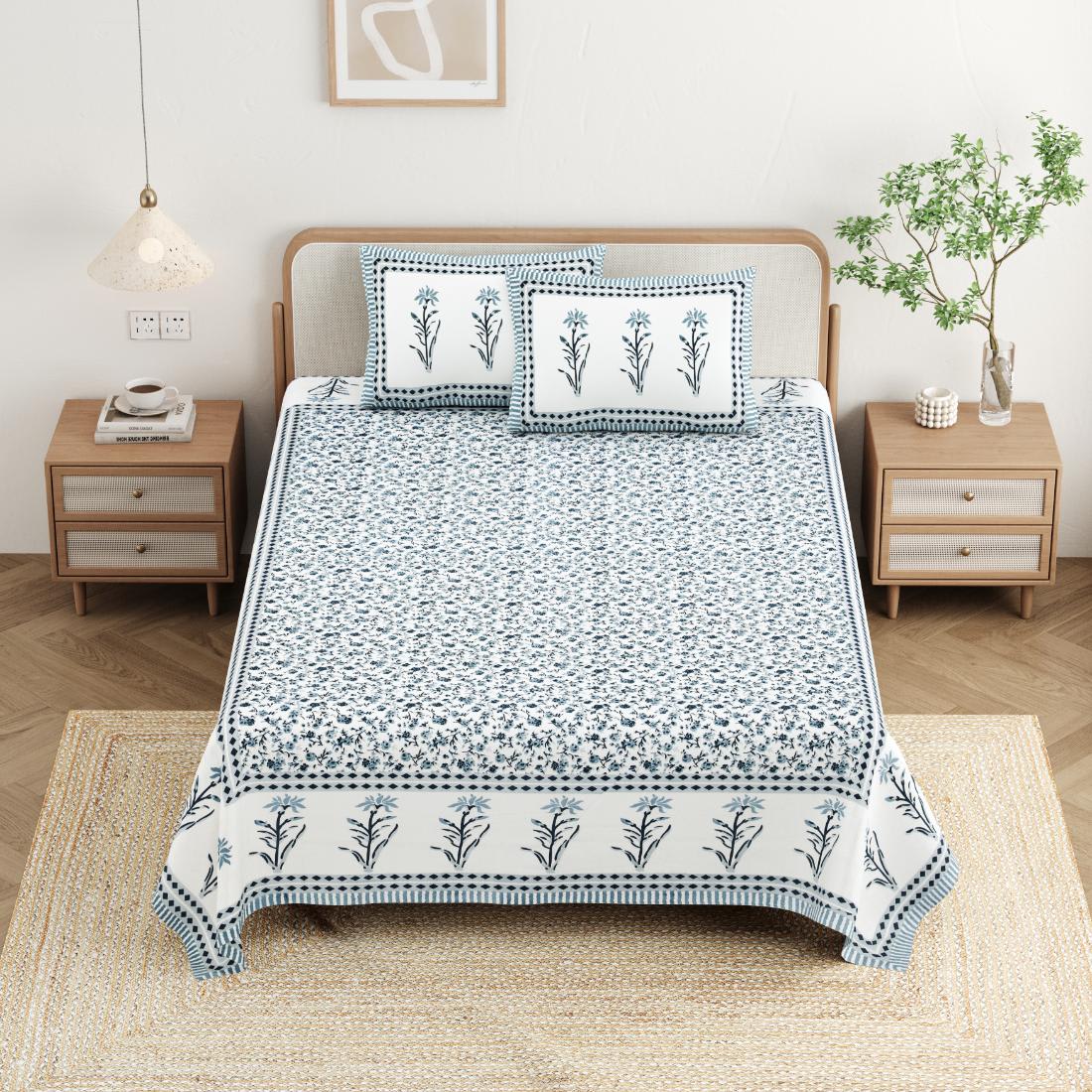 Cotton Jaipuri Diwan Size  Bedsheet With 2 Zipper Pillow Cover (Size 70*100)