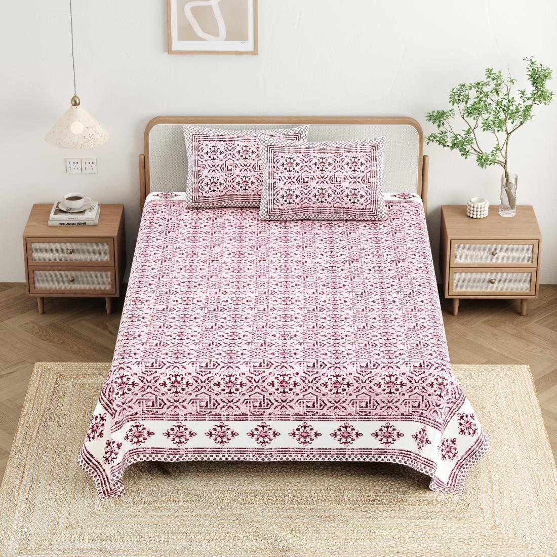 Cotton Jaipuri Diwan Size  Bedsheet With 2 Zipper Pillow Cover (Size 70*100)