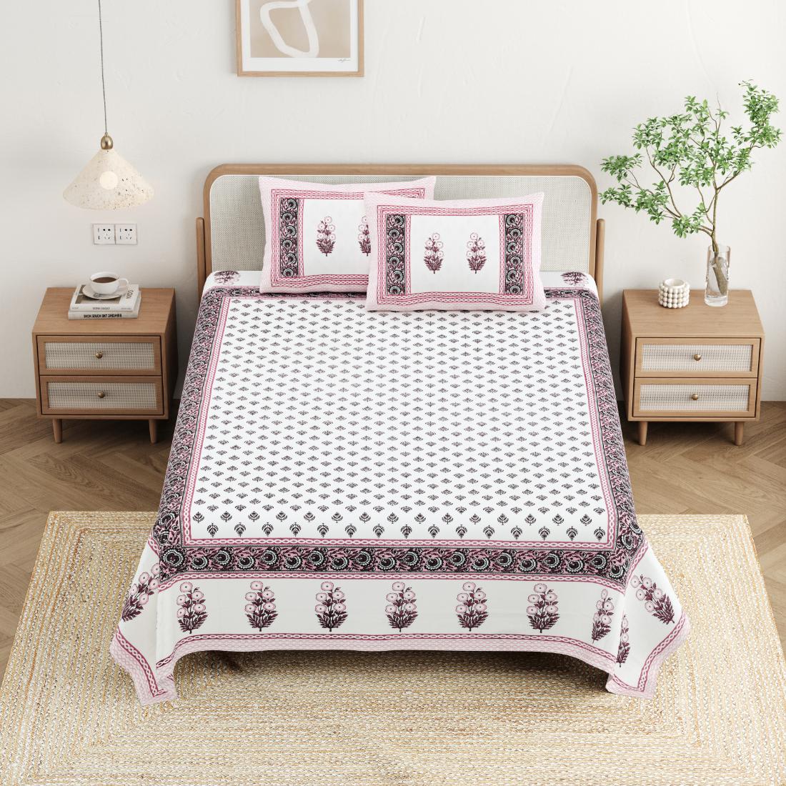 Cotton Jaipuri Diwan Size  Bedsheet With 2 Zipper Pillow Cover (Size 70*100)