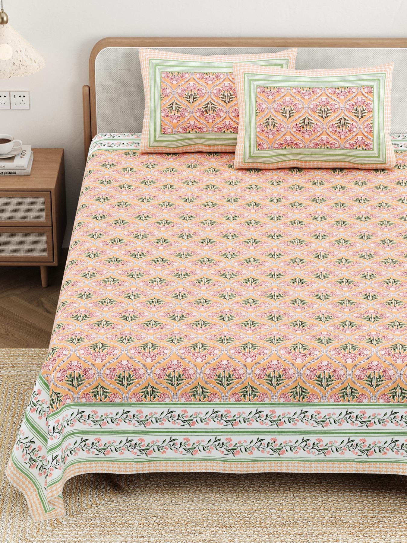 Cotton Jaipuri Diwan Size  Bedsheet With 2 Zipper Pillow Cover (Size 70*100)