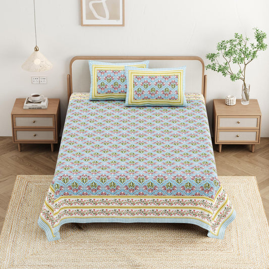 Cotton Jaipuri Diwan Size  Bedsheet With 2 Zipper Pillow Cover (Size 70*100)