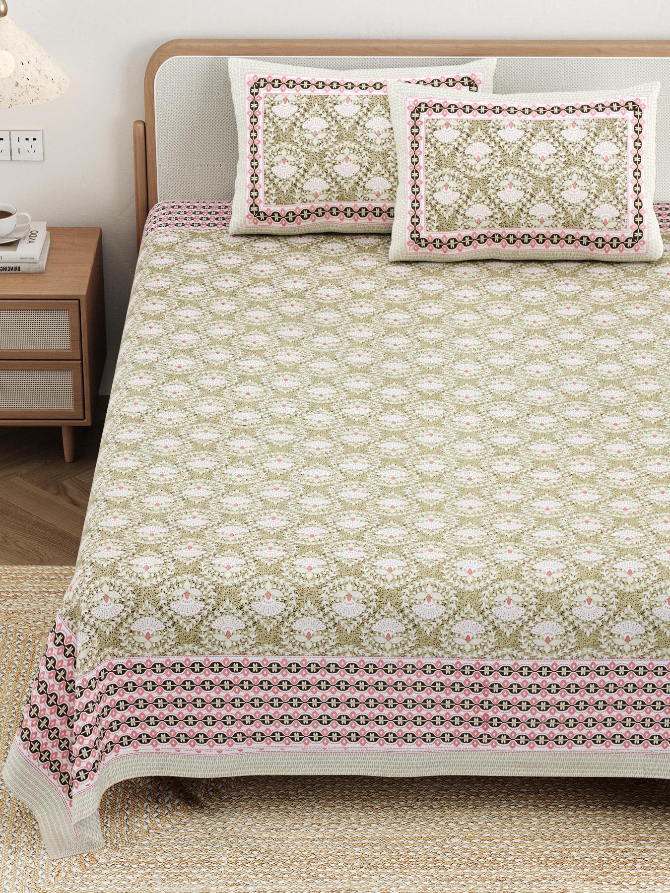 Cotton Jaipuri Diwan Size  Bedsheet With 2 Zipper Pillow Cover (Size 70*100)
