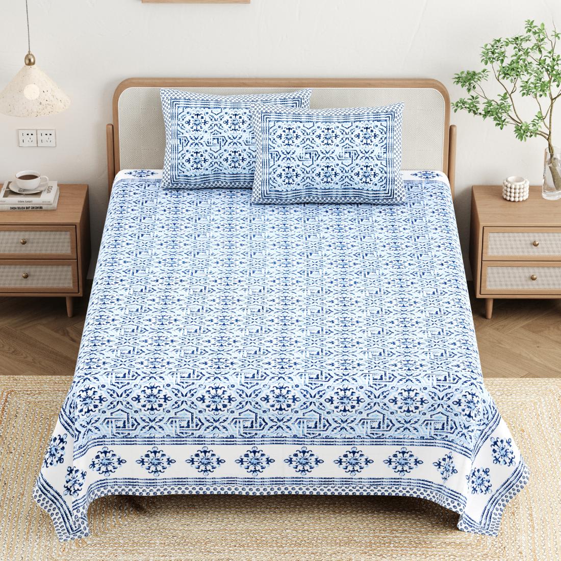 Cotton Jaipuri Diwan Size  Bedsheet With 2 Zipper Pillow Cover (Size 70*100)