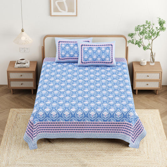 Cotton Jaipuri Diwan Size  Bedsheet With 2 Zipper Pillow Cover (Size 70*100)