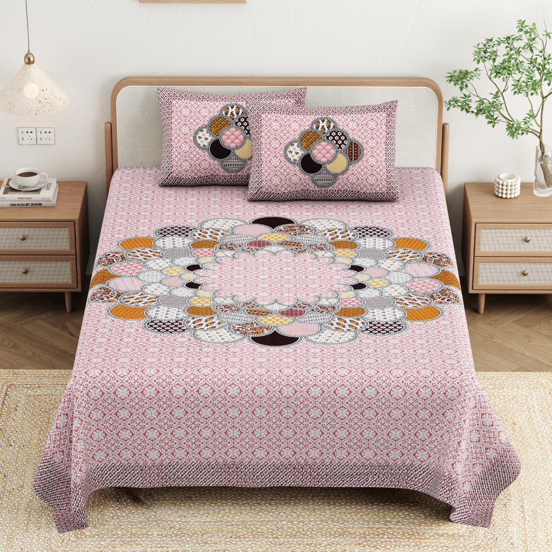 Cotton Jaipuri Diwan Size  Bedsheet With 2 Zipper Pillow Cover (Size 70*100)