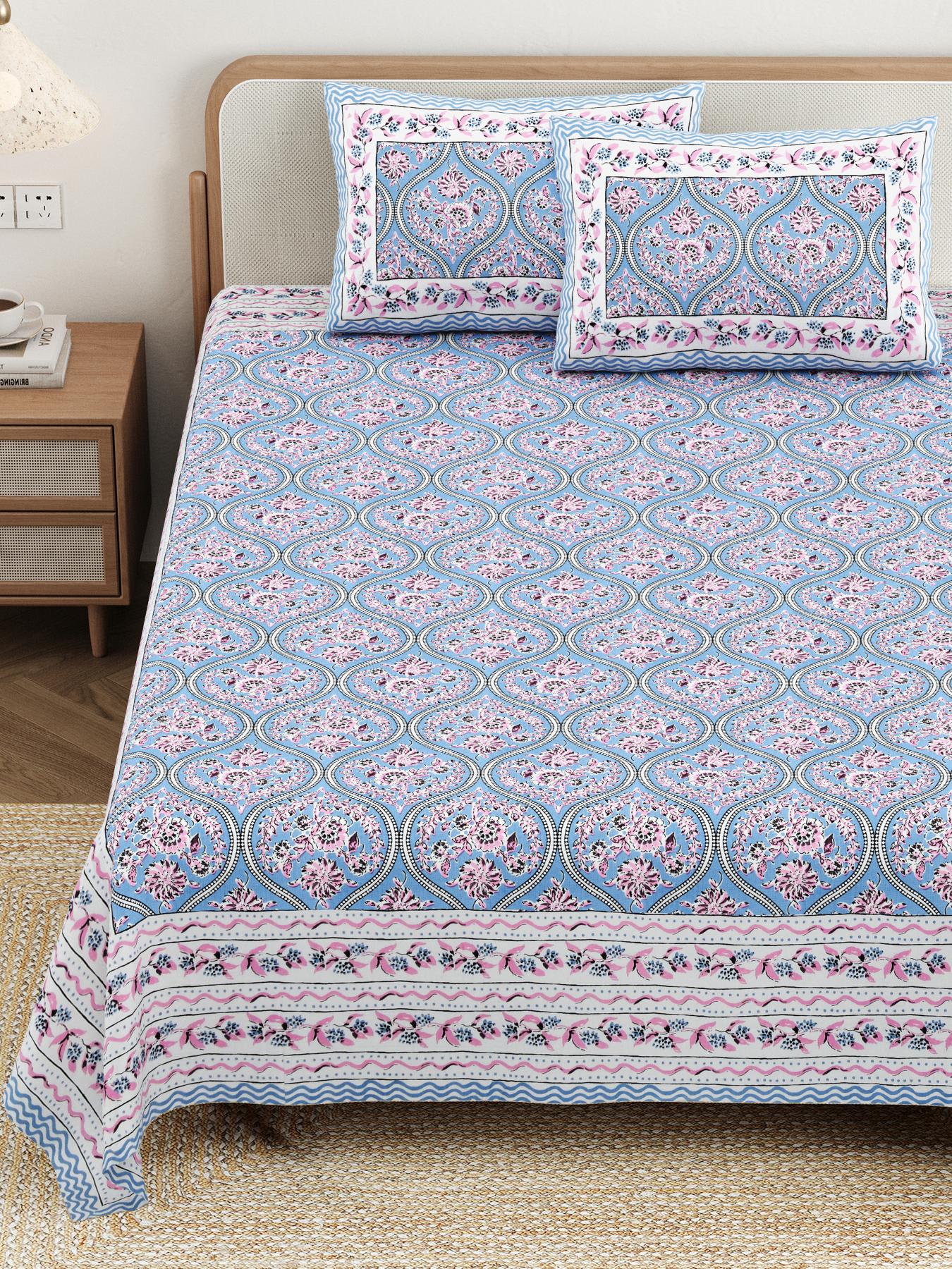 Cotton Jaipuri Diwan Size  Bedsheet With 2 Zipper Pillow Cover (Size 70*100)