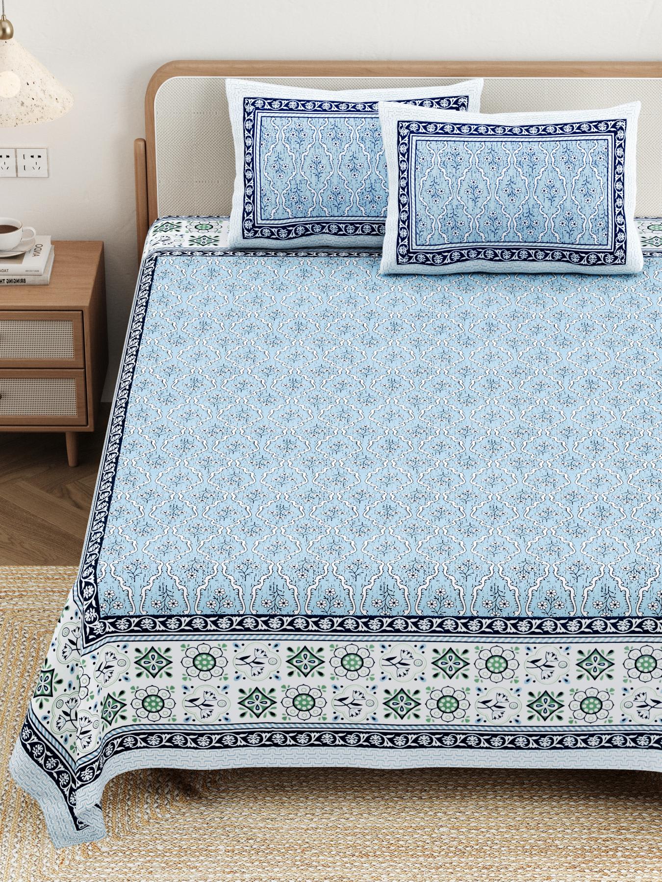 Cotton Jaipuri Diwan Size  Bedsheet With 2 Zipper Pillow Cover (Size 70*100)
