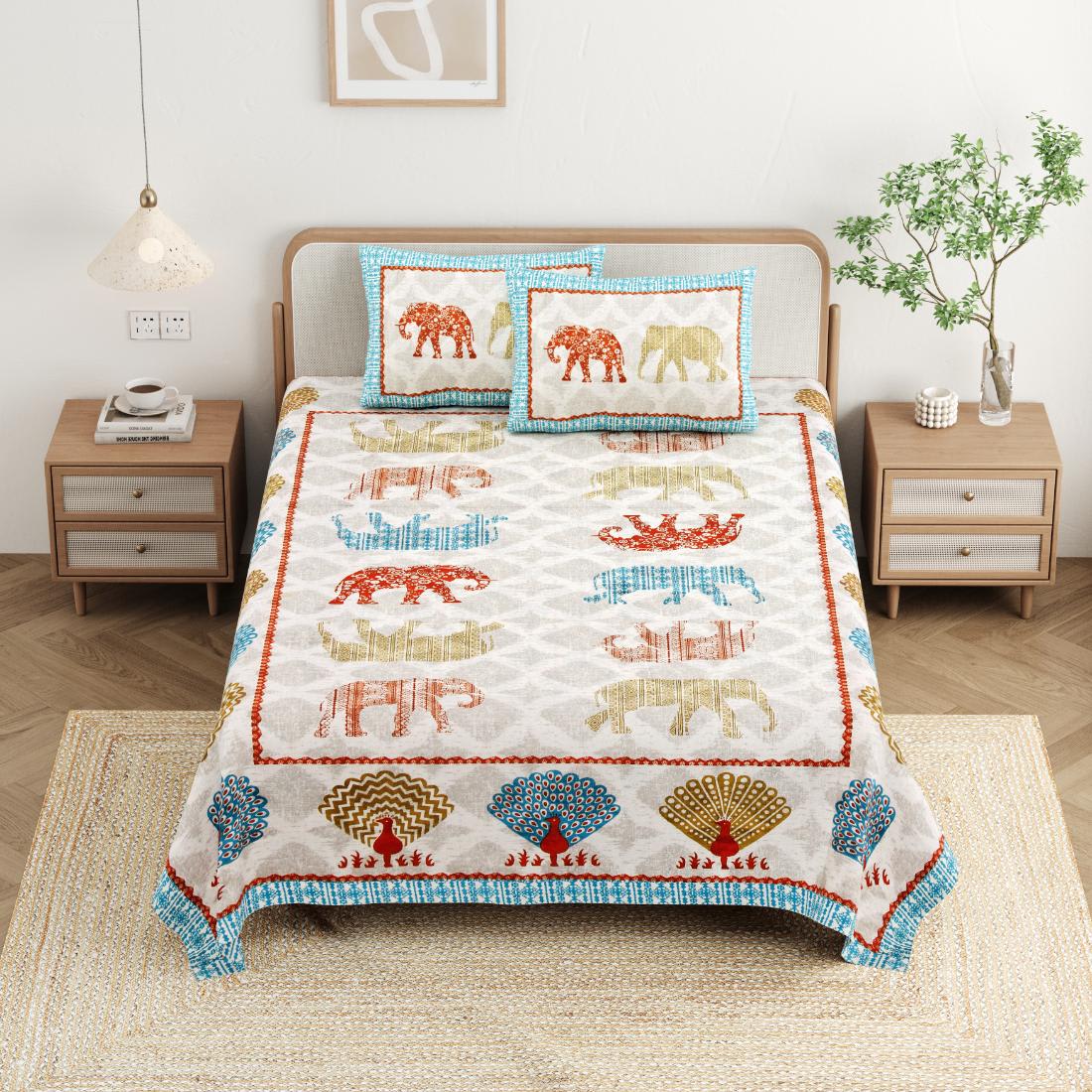 Cotton Jaipuri Diwan Size  Bedsheet With 2 Zipper Pillow Cover (Size 70*100)