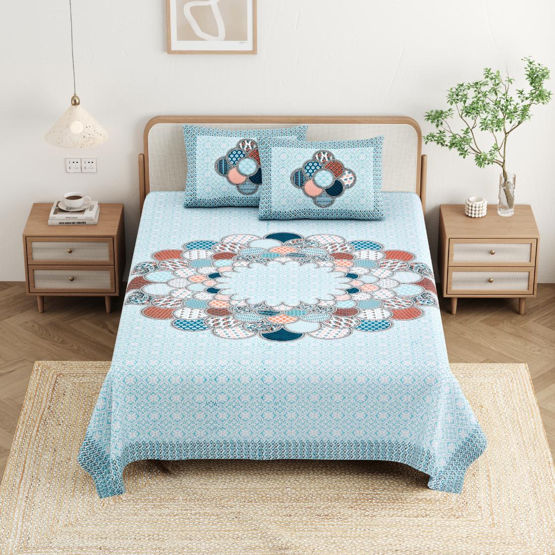 Cotton Jaipuri Diwan Size  Bedsheet With 2 Zipper Pillow Cover (Size 70*100)