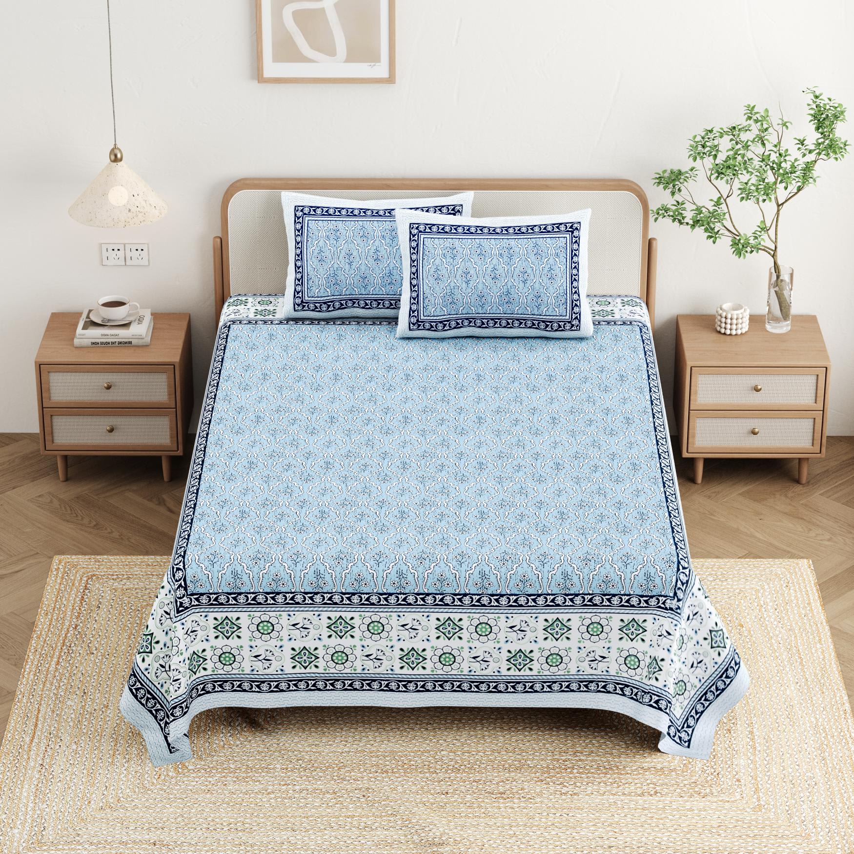 Cotton Jaipuri Diwan Size  Bedsheet With 2 Zipper Pillow Cover (Size 70*100)