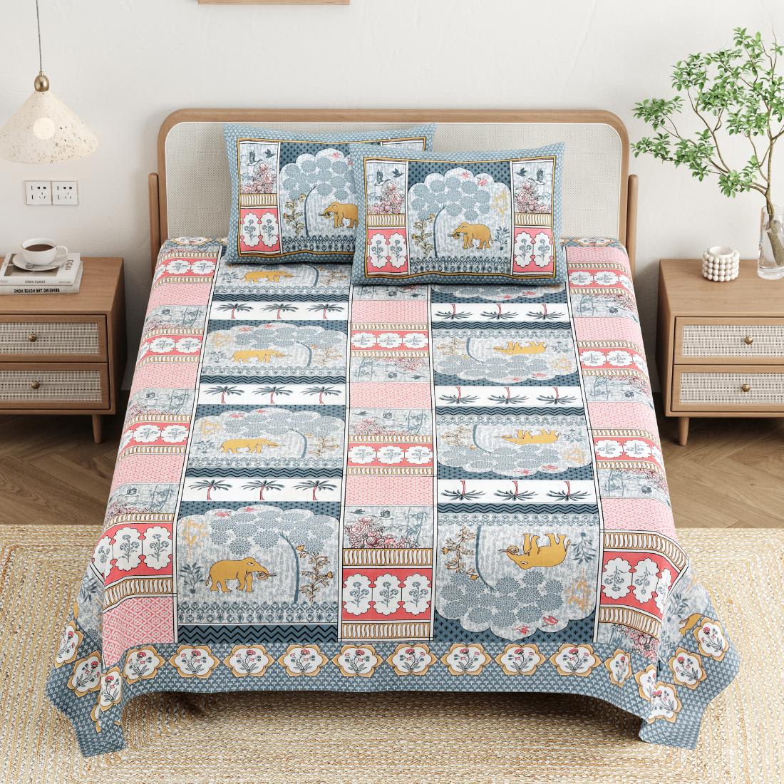Cotton Jaipuri Diwan Size  Bedsheet With 2 Zipper Pillow Cover (Size 70*100)