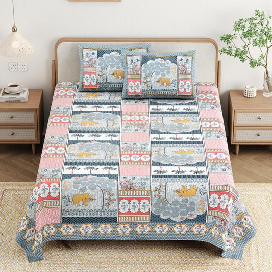 Cotton Jaipuri Diwan Size  Bedsheet With 2 Zipper Pillow Cover (Size 70*100)